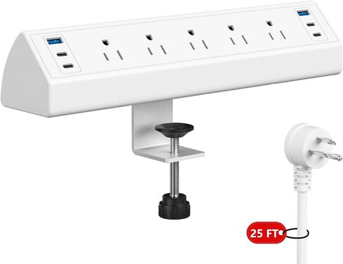 Desk Clamp Power Strip USB C,Under Desk Mount Power Station,20W Fast Charging,Fits 1.9'' Tabletop Edge,Desk Surge Protector,Perfect Home,Office Supplies (White, 5 Outlets & 6 USB Ports & 25 FT Cable) in Saudi Arabia