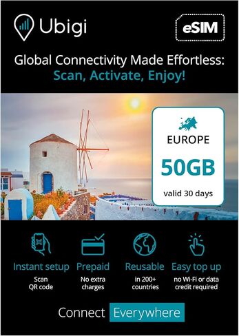 Travel Data Plan Europe- Prepaid International eSIM Card 50 GB Internet Data in 5G/4G/LTE (Data tethering Allowed) for Unlocked iPhone and Android No Extra Charge or Roaming fees. Easy to use. in Saudi Arabia