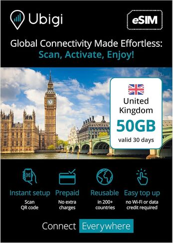 Travel Data Plan United Kingdom- Prepaid International eSIM Card 50 GB Internet Data in 5G/4G/LTE (Data tethering Allowed) for Unlocked iPhone and Android. No Extra Charge or Roaming fees. in Saudi Arabia