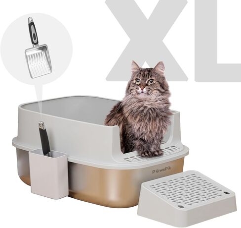 Enclosed XL Stainless Steel Litter Box with high Wall Sides, Leak-Resistant, Easy Cleaning, with Lid, Step, and Metal Scooper (Light Gray) in Saudi Arabia