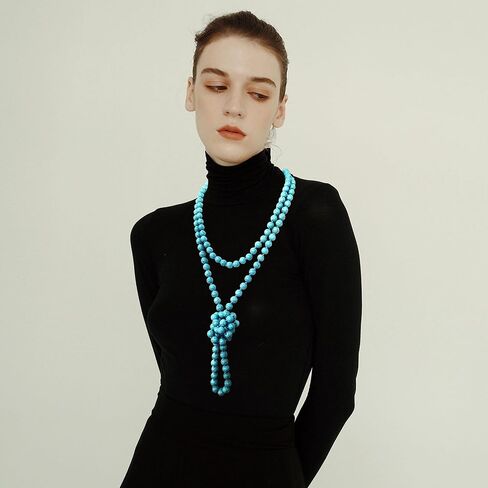 Coiris اليدوية طويلة مطرز القلائد للنساء 60 "الفيروز بوهو الطبقات قلادة حبل عقدة ستراند زي المجوهرات إنفينيتي التفاف بيان قلادة للنساء in Kuwait