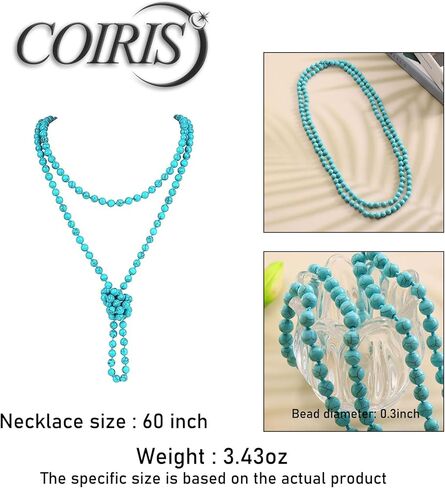 Coiris اليدوية طويلة مطرز القلائد للنساء 60 "الفيروز بوهو الطبقات قلادة حبل عقدة ستراند زي المجوهرات إنفينيتي التفاف بيان قلادة للنساء in Kuwait