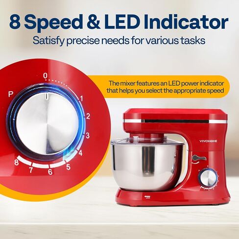 VIVOHOME 4.75 Quart Stand Mixer, 8 Speed Kitchen Electric Food Mixer, Household Stand Mixer for Baking, Cake, Bread with Beater, Dough Hook, Wire Whip and Egg Separator, Red in Kuwait