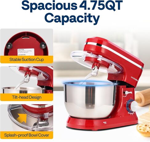 VIVOHOME 4.75 Quart Stand Mixer, 8 Speed Kitchen Electric Food Mixer, Household Stand Mixer for Baking, Cake, Bread with Beater, Dough Hook, Wire Whip and Egg Separator, Red in Kuwait