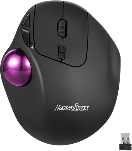 ماوس كرة التتبع اللاسلكي Perixx PERIMICE-717PUB، كرة تعقب لامعة مدمجة مقاس 1.34 بوصة مع ميزة الإشارة - 5 أزرار قابلة للبرمجة - جسم أسود - كرة أرجوانية in Kuwait