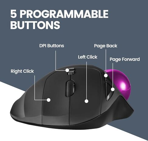 ماوس كرة التتبع اللاسلكي Perixx PERIMICE-717PUB، كرة تعقب لامعة مدمجة مقاس 1.34 بوصة مع ميزة الإشارة - 5 أزرار قابلة للبرمجة - جسم أسود - كرة أرجوانية in Kuwait