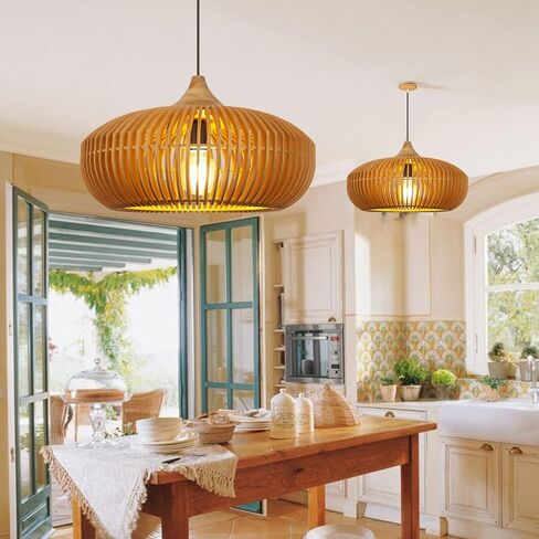 Arturesthome Farmhouse Round Wood Pendant Light, Rustic Wooden Hanging Ceiling Light Fixture for Kitchen Island Cafe Basement Hallway, Coffee in Saudi Arabia