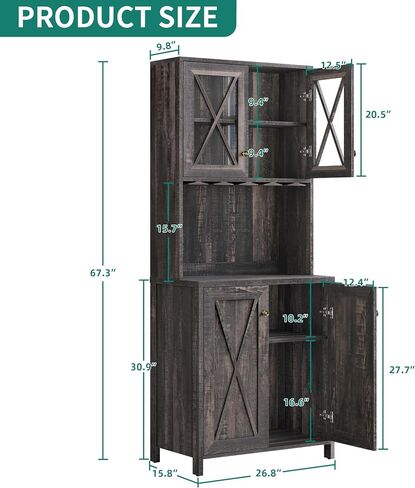 YITAHOME Farmhouse Bar Cabinet for Liquor and Glasses, 67'' Tall Freestanding Kitchen Cabinet with Wine Rack ＆ Glass Cabinet Doors, Open Storage Shelves for Dining Room, Hallway, Dark Rustic Oak in Saudi Arabia