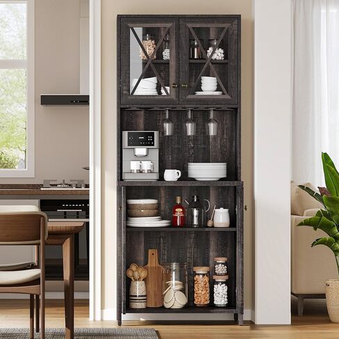 YITAHOME Farmhouse Bar Cabinet for Liquor and Glasses, 67'' Tall Freestanding Kitchen Cabinet with Wine Rack ＆ Glass Cabinet Doors, Open Storage Shelves for Dining Room, Hallway, Dark Rustic Oak in Saudi Arabia