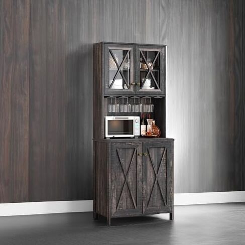 YITAHOME Farmhouse Bar Cabinet for Liquor and Glasses, 67'' Tall Freestanding Kitchen Cabinet with Wine Rack ＆ Glass Cabinet Doors, Open Storage Shelves for Dining Room, Hallway, Dark Rustic Oak in Saudi Arabia