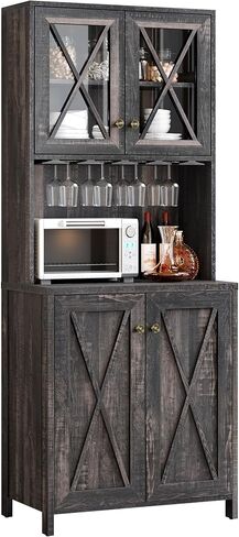 YITAHOME Farmhouse Bar Cabinet for Liquor and Glasses, 67'' Tall Freestanding Kitchen Cabinet with Wine Rack ＆ Glass Cabinet Doors, Open Storage Shelves for Dining Room, Hallway, Dark Rustic Oak in Saudi Arabia