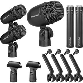 طقم ميكروفون طبلة ديناميكي سلكي مكون من 5 قطع من Depusheng (معدن كامل) Kick Bass، Tom/Snare & Cymbals - استخدام الميكروفون للطبول والصوت والأدوات الأخرى كاملة مع مشبك خيط 7 كابلات صوت على المسرح