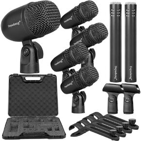 Depusheng 5-Piece Wired Dynamic Drum Mic Kit (Whole Metal) Kick Bass, Tom/Snare & Cymbals Microphone-Use for Drums, Vocal, Other Instrument Complete with Thread Clip 7 On Stage Audio Cables