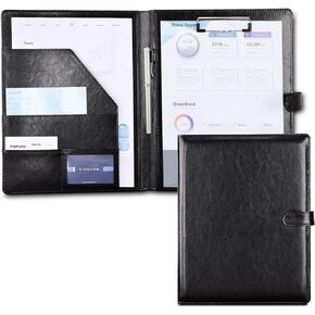 KINGFOM Professional Business Padfolio Clipboard Folder Portfolio, PU Leather Clipboard Organizer with Cover for Legal Pad Holder, Letter Size Resume/Document Portfolio Folder for Men Women Black