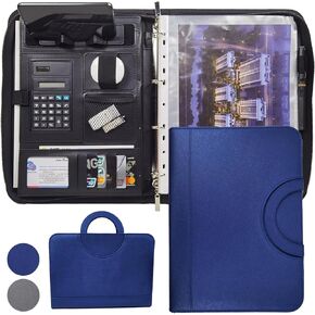 A4 Leather Portfolio Padfolio Refillable 4-Ring Binder with Zipper,Professional Business Document Organizer for Man Women with Magnetic Carrying Handle (Blue)