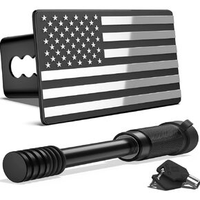 2 Inch Trailer Hitch Cover with American Flag, Heavy Metal Trailer Hitch Cover Fit for 2 Inch Hitch Receivers (with 5/8" Pin Dia Anti-Theft Trailer Hitch Lock),3 * 5" Blue/Red/Chrome