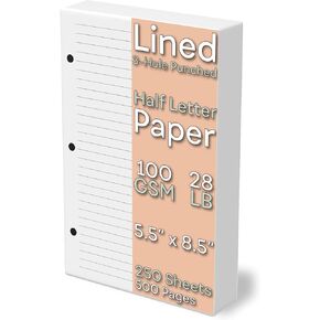Half Letter Lined Paper, 3-Hole Punched, 250 Sheets/500 Pages, 100 GSM, Line Paper Binder Refill, 5.5 in. x 8.5 in., fits in Half Letter 3-Ring Binders, Mini Binder Refill Inserts