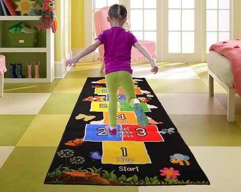 Hopscotch Rug - Kids Rug - Playroom Rug for Kids Room, Daycare, Nursery - Cute Indoor or Outdoor Play Carpet for Children - Fun, Educational Games for Boys & Girls (Black) in Saudi Arabia