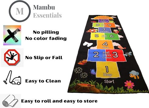 Hopscotch Rug - Kids Rug - Playroom Rug for Kids Room, Daycare, Nursery - Cute Indoor or Outdoor Play Carpet for Children - Fun, Educational Games for Boys & Girls (Black) in Saudi Arabia