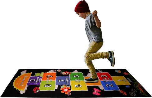 Hopscotch Rug - Kids Rug - Playroom Rug for Kids Room, Daycare, Nursery - Cute Indoor or Outdoor Play Carpet for Children - Fun, Educational Games for Boys & Girls (Black) in Saudi Arabia