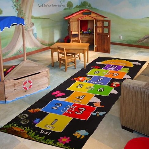 Hopscotch Rug - Kids Rug - Playroom Rug for Kids Room, Daycare, Nursery - Cute Indoor or Outdoor Play Carpet for Children - Fun, Educational Games for Boys & Girls (Black) in Saudi Arabia