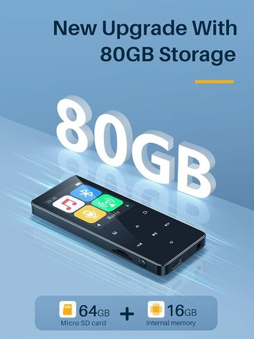 80GB MP3 Player with Bluetooth, Music Player with HD Speakers, Lossless Sound Quality, mp3 with FM Radio/Voice Recorder/E-Book, Earphone Included in Saudi Arabia