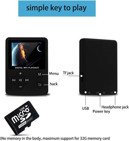 مشغل MP3، مشغل موسيقى محمول، بطاقة ذاكرة 32 جيجا، وضع متعدد اللاعبين لمدة 6 إلى 8 ساعات تشغيل متواصل، سهل التشغيل مشغل موسيقى HiFi MP4 (أسود) in Saudi Arabia