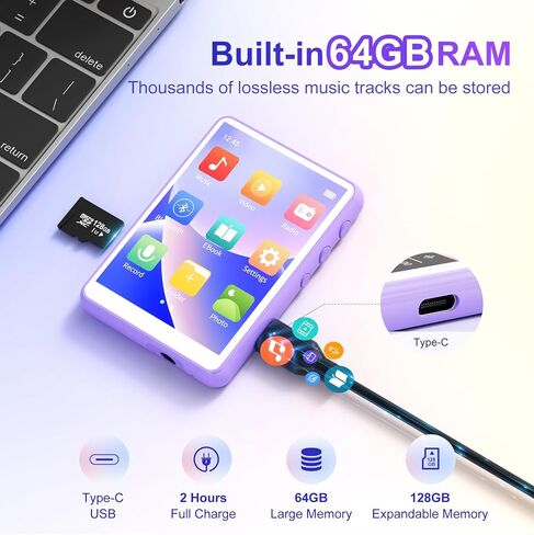 مشغل MP3 MECHEN بسعة 64 جيجابايت، بلوتوث 5.3 مع شاشة لمس كاملة 2.4 بوصة، مشغل موسيقى رقمي محمول مع مكبر صوت، راديو FM، تسجيل الخط، صوت HiFi بدون فقدان، يدعم حتى 128 جيجابايت. (أسود) in Saudi Arabia