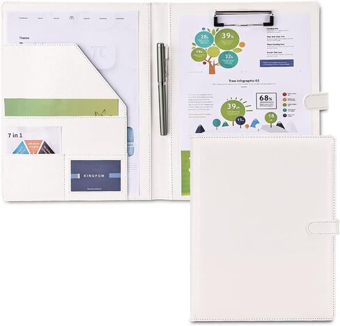KINGFOM Professional Business Padfolio Clipboard Folder Portfolio، منظم حافظة من جلد البولي يوريثان مع غطاء لحامل الوسادة القانونية، حجم الرسالة، مجلد محفظة المستندات للرجال والنساء باللون الأبيض in Kuwait