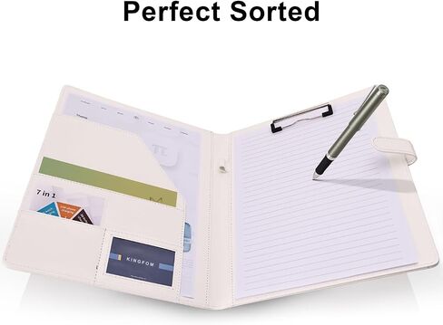 KINGFOM Professional Business Padfolio Clipboard Folder Portfolio، منظم حافظة من جلد البولي يوريثان مع غطاء لحامل الوسادة القانونية، حجم الرسالة، مجلد محفظة المستندات للرجال والنساء باللون الأبيض in Kuwait