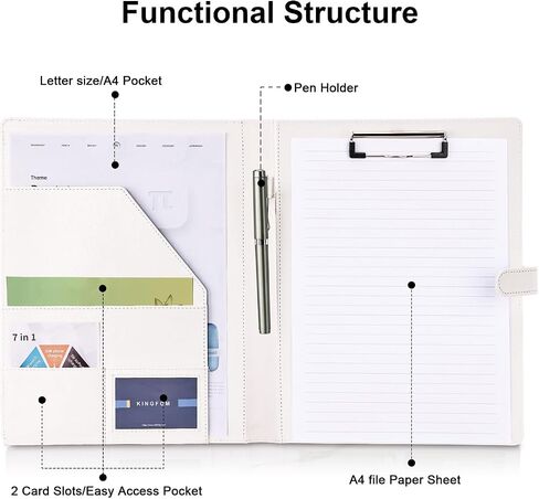 KINGFOM Professional Business Padfolio Clipboard Folder Portfolio، منظم حافظة من جلد البولي يوريثان مع غطاء لحامل الوسادة القانونية، حجم الرسالة، مجلد محفظة المستندات للرجال والنساء باللون الأبيض in Kuwait