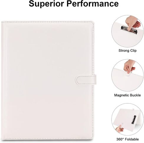 KINGFOM Professional Business Padfolio Clipboard Folder Portfolio، منظم حافظة من جلد البولي يوريثان مع غطاء لحامل الوسادة القانونية، حجم الرسالة، مجلد محفظة المستندات للرجال والنساء باللون الأبيض in Kuwait