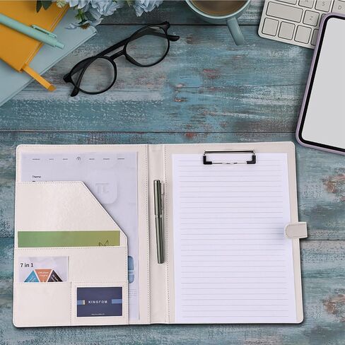 KINGFOM Professional Business Padfolio Clipboard Folder Portfolio، منظم حافظة من جلد البولي يوريثان مع غطاء لحامل الوسادة القانونية، حجم الرسالة، مجلد محفظة المستندات للرجال والنساء باللون الأبيض in Kuwait