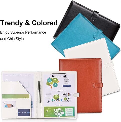 KINGFOM Professional Business Padfolio Clipboard Folder Portfolio، منظم حافظة من جلد البولي يوريثان مع غطاء لحامل الوسادة القانونية، حجم الرسالة، مجلد محفظة المستندات للرجال والنساء باللون الأبيض in Kuwait