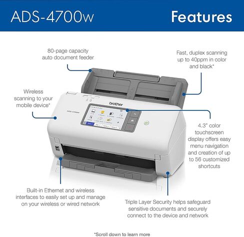 ماسح ضوئي احترافي لسطح المكتب من Brother ADS-4700W مزود بسرعات مسح سريعة ودوبلكس ولاسلكي وشاشة لمس كبيرة in Kuwait