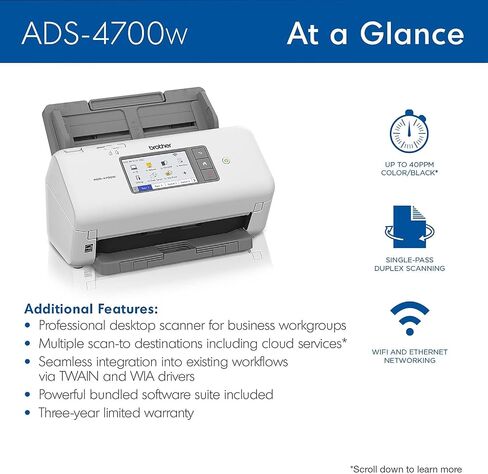 ماسح ضوئي احترافي لسطح المكتب من Brother ADS-4700W مزود بسرعات مسح سريعة ودوبلكس ولاسلكي وشاشة لمس كبيرة in Kuwait
