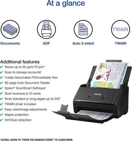 ماسح ضوئي للمستندات المكتبية الملونة على الوجهين من Epson Workforce ES-400 II لأجهزة الكمبيوتر الشخصية وأجهزة Mac، مع وحدة تغذية المستندات التلقائية (ADF). ضمان كامل لمدة سنة (متجدد) in Kuwait