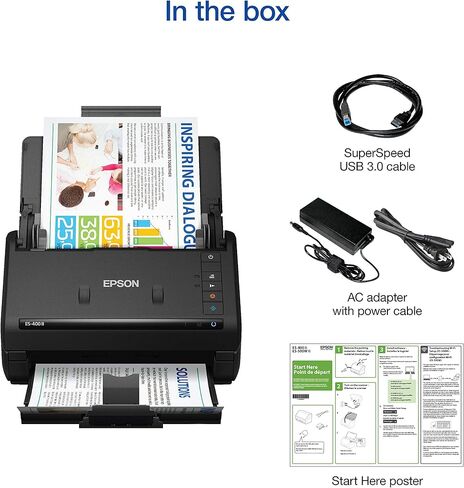 ماسح ضوئي للمستندات المكتبية الملونة على الوجهين من Epson Workforce ES-400 II لأجهزة الكمبيوتر الشخصية وأجهزة Mac، مع وحدة تغذية المستندات التلقائية (ADF). ضمان كامل لمدة سنة (متجدد) in Kuwait