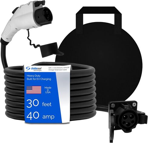 سلك تمديد Inteset 21ft 40amp J1772 EV، صنع في الولايات المتحدة الأمريكية - لمحطات شحن المركبات الكهربائية، حقيبة الحمل، كابل فائق المرونة، الأجزاء المدرجة في UL in Kuwait