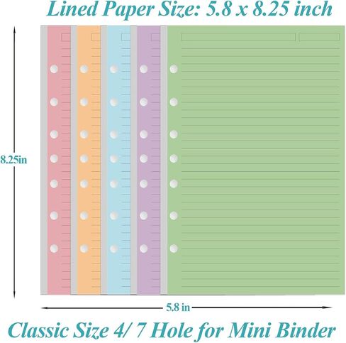 (3-Pack) Mini Binder 5 Colorful Line Paper for 3 or 7 Ring Binders - 300 Sheets/600 Pages Loose Leaf Paper Line Refills, Per Color 60 Sheets, Desk Size 4, 5.8" x 8.5" in Saudi Arabia