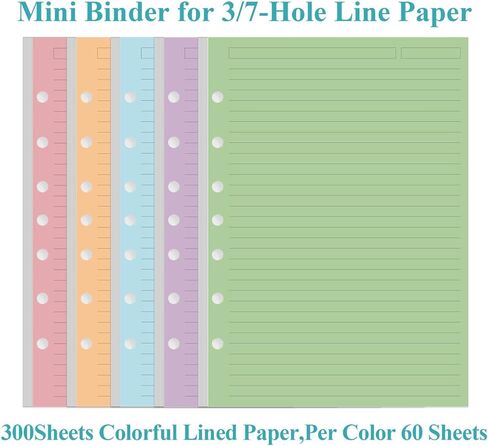 (3-Pack) Mini Binder 5 Colorful Line Paper for 3 or 7 Ring Binders - 300 Sheets/600 Pages Loose Leaf Paper Line Refills, Per Color 60 Sheets, Desk Size 4, 5.8" x 8.5" in Saudi Arabia