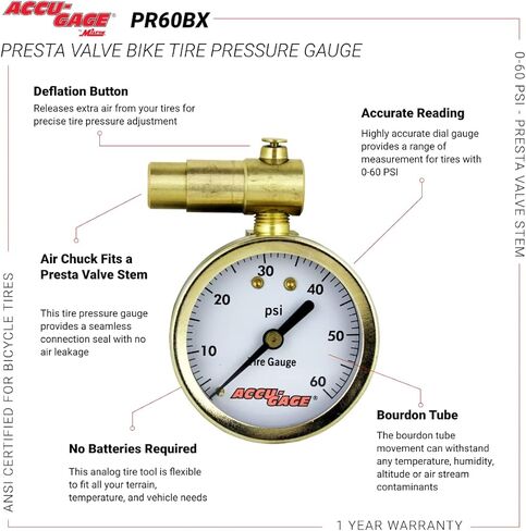 مقياس ضغط إطارات الدراجة Accu-Gage من Milton Presta Valve مع صمام النزف، من أجل 0-60 رطل لكل بوصة مربعة - معتمد من ANSI in Kuwait