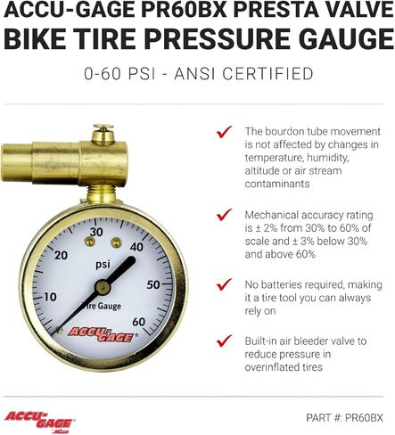 مقياس ضغط إطارات الدراجة Accu-Gage من Milton Presta Valve مع صمام النزف، من أجل 0-60 رطل لكل بوصة مربعة - معتمد من ANSI in Kuwait