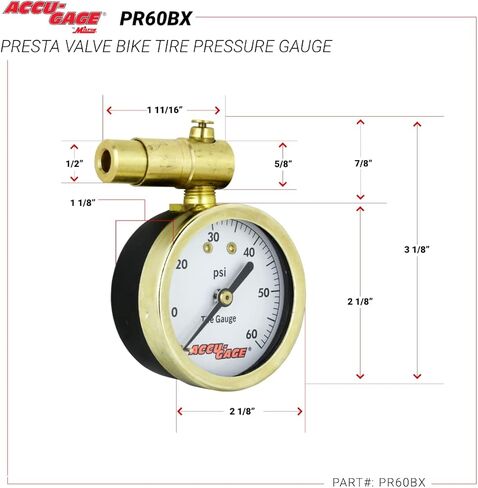 مقياس ضغط إطارات الدراجة Accu-Gage من Milton Presta Valve مع صمام النزف، من أجل 0-60 رطل لكل بوصة مربعة - معتمد من ANSI in Kuwait