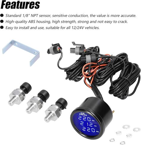 مقياس ضغط الهواء ثلاثي العرض LED مقياس تعليق الهواء الرقمي 0-220PSI مع 3 قطع أجهزة استشعار 1/8NPT in Kuwait