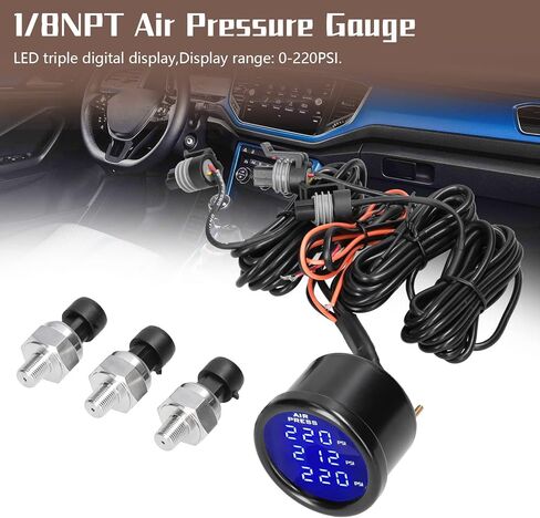 مقياس ضغط الهواء ثلاثي العرض LED مقياس تعليق الهواء الرقمي 0-220PSI مع 3 قطع أجهزة استشعار 1/8NPT in Kuwait