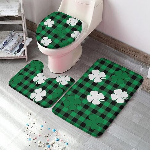 3 Piece St. Patrick’s Day Bath Rug and Mat Sets, Four-Leaf Clover Classic Green and Black Buffalo Check Plaid Non-Slip Bathroom Doormat Runner Rugs, Toilet Seat Cover, U-Shaped Toilet Floor Mat, Small in Saudi Arabia