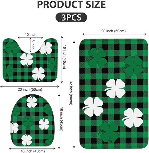 3 Piece St. Patrick’s Day Bath Rug and Mat Sets, Four-Leaf Clover Classic Green and Black Buffalo Check Plaid Non-Slip Bathroom Doormat Runner Rugs, Toilet Seat Cover, U-Shaped Toilet Floor Mat, Small in Saudi Arabia