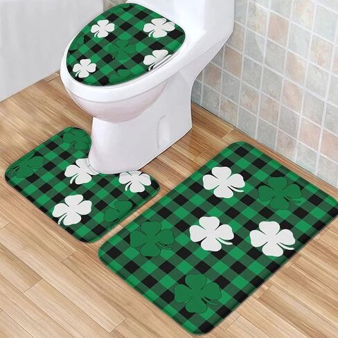 3 Piece St. Patrick’s Day Bath Rug and Mat Sets, Four-Leaf Clover Classic Green and Black Buffalo Check Plaid Non-Slip Bathroom Doormat Runner Rugs, Toilet Seat Cover, U-Shaped Toilet Floor Mat, Small in Saudi Arabia