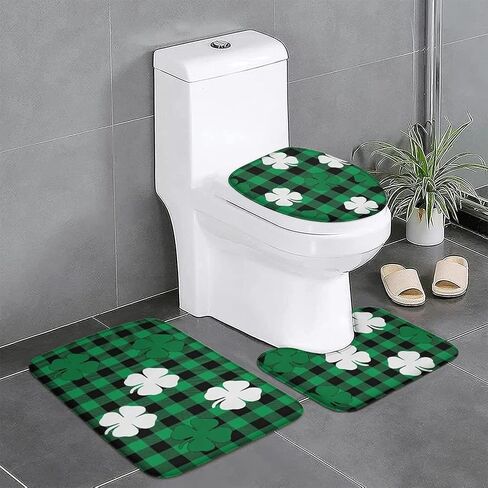 3 Piece St. Patrick’s Day Bath Rug and Mat Sets, Four-Leaf Clover Classic Green and Black Buffalo Check Plaid Non-Slip Bathroom Doormat Runner Rugs, Toilet Seat Cover, U-Shaped Toilet Floor Mat, Small in Saudi Arabia